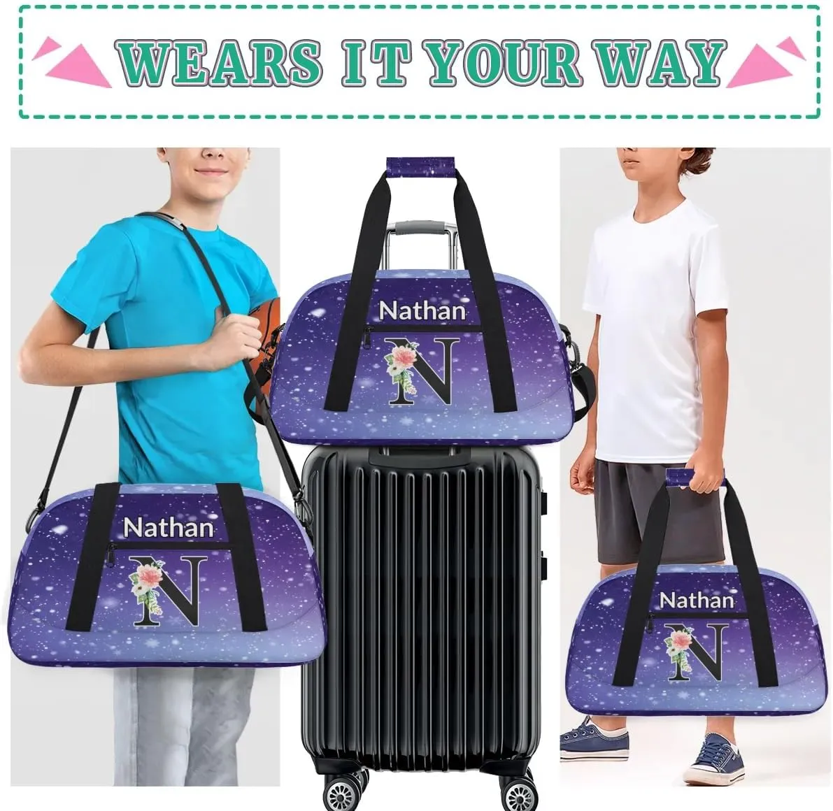 Custom Initial Letters Sport Bag, Personalized Gym Duffel Bags with Name Personalized Gifts for Women Custom Travel Weekender Bag Monogrammed, Cosmos Space Glitter