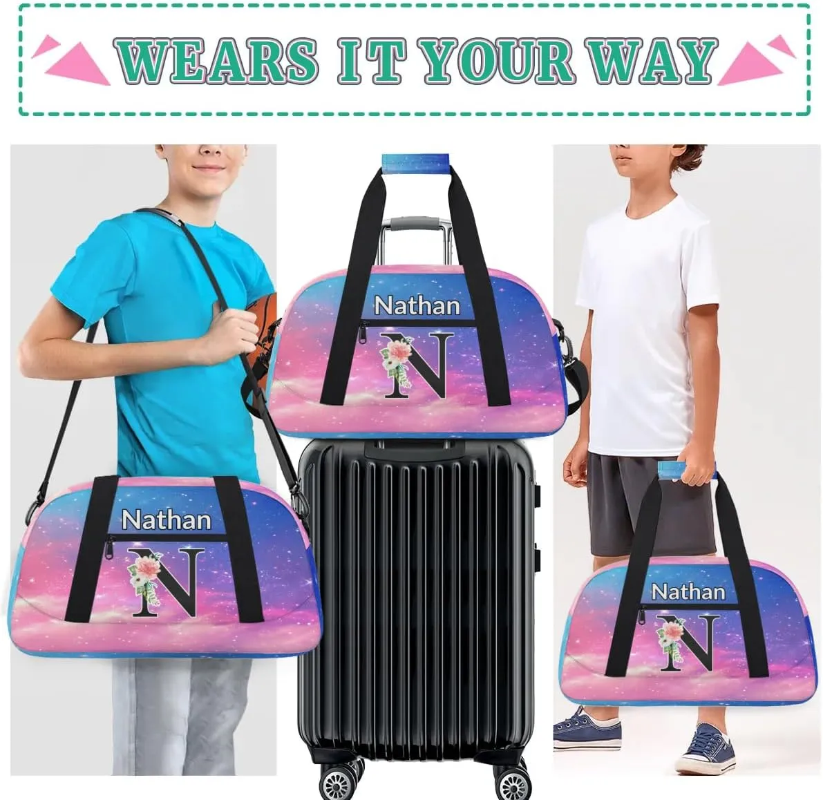 Custom Initial Letters Sport Bag, Personalized Gym Duffel Bags with Name Personalized Gifts for Women Custom Travel Weekender Bag Monogrammed, Rainbow Clouds