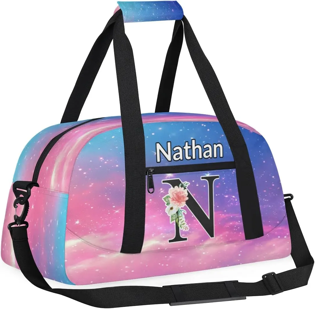 Custom Initial Letters Sport Bag, Personalized Gym Duffel Bags with Name Personalized Gifts for Women Custom Travel Weekender Bag Monogrammed, Rainbow Clouds