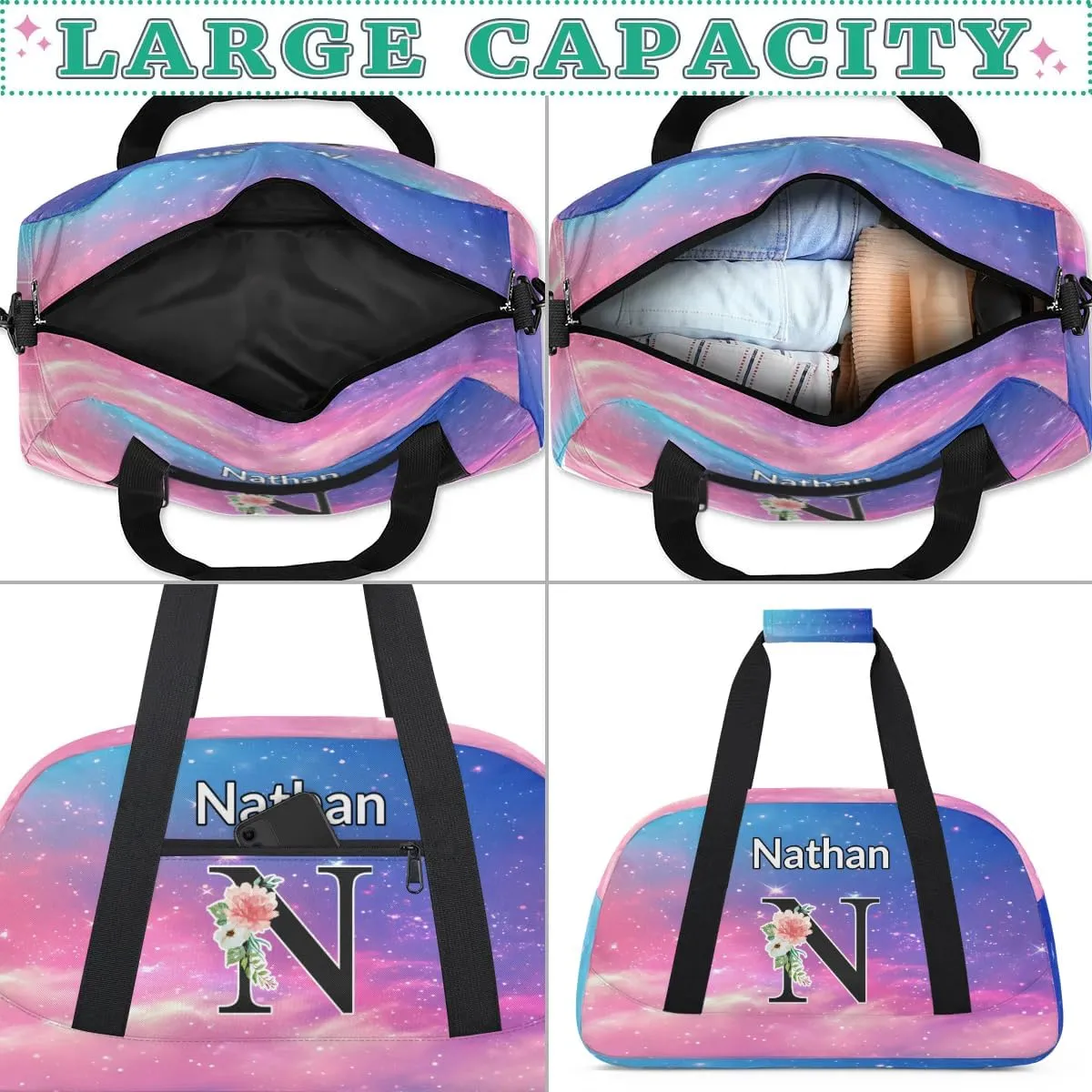 Custom Initial Letters Sport Bag, Personalized Gym Duffel Bags with Name Personalized Gifts for Women Custom Travel Weekender Bag Monogrammed, Rainbow Clouds