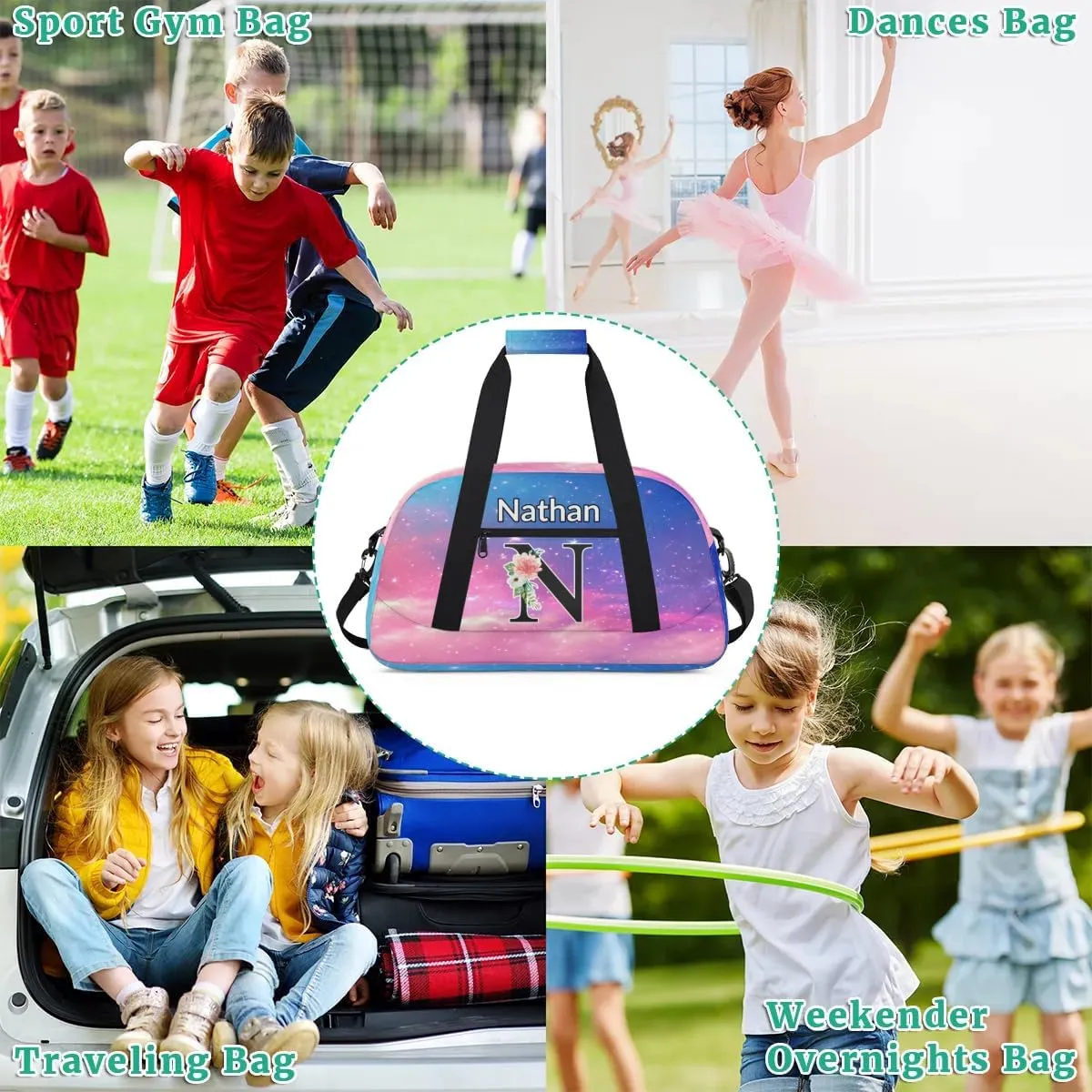 Custom Initial Letters Sport Bag, Personalized Gym Duffel Bags with Name Personalized Gifts for Women Custom Travel Weekender Bag Monogrammed, Rainbow Clouds