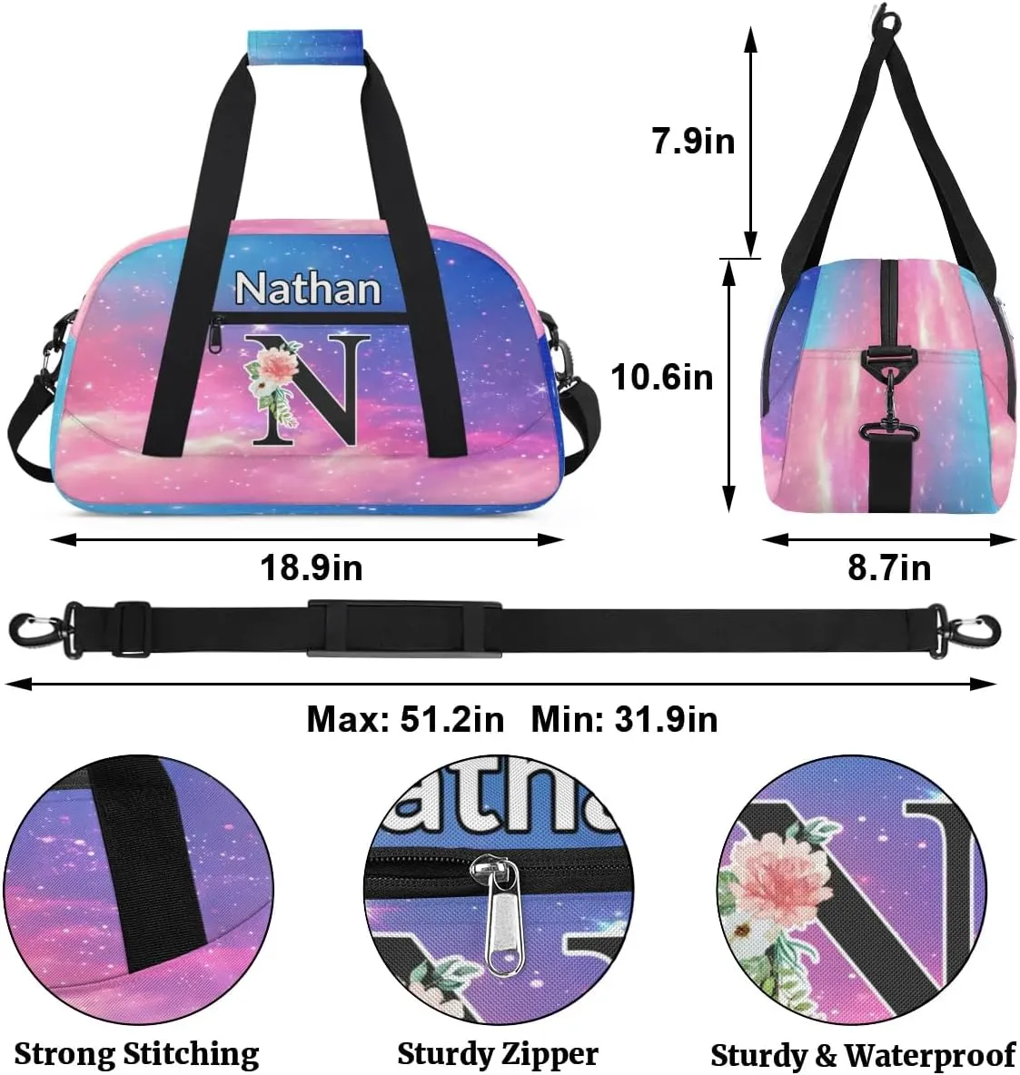 Custom Initial Letters Sport Bag, Personalized Gym Duffel Bags with Name Personalized Gifts for Women Custom Travel Weekender Bag Monogrammed, Rainbow Clouds