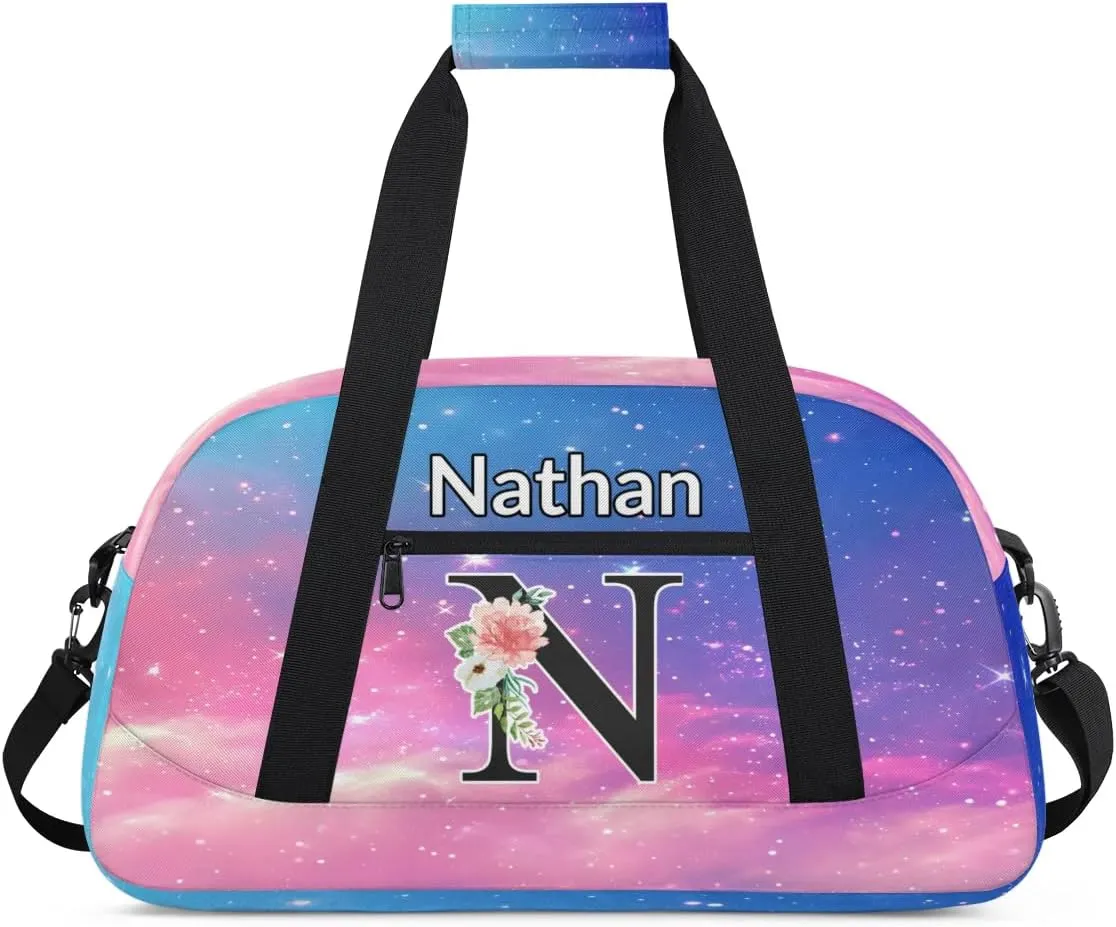 Custom Initial Letters Sport Bag, Personalized Gym Duffel Bags with Name Personalized Gifts for Women Custom Travel Weekender Bag Monogrammed, Rainbow Clouds