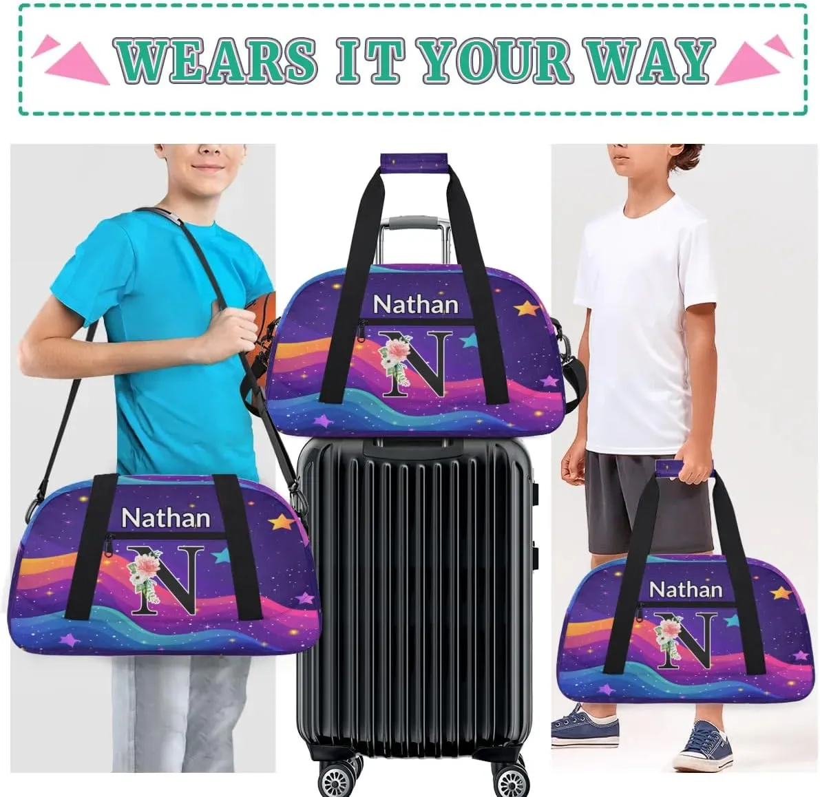 Custom Initial Letters Sport Bag, Personalized Gym Duffel Bags with Name Personalized Gifts for Women Custom Travel Weekender Bag Monogrammed, Rainbow Star Glitter