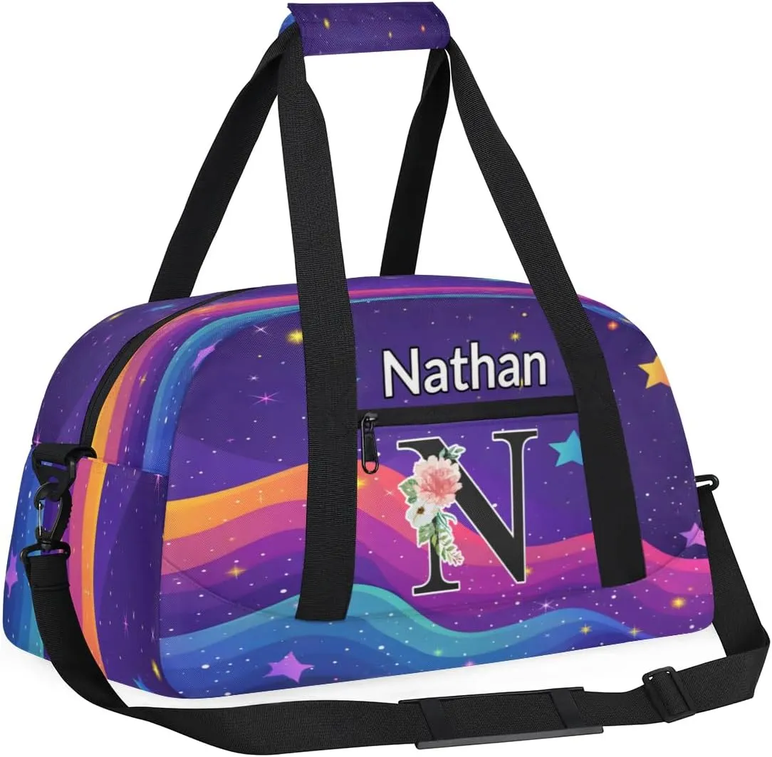 Custom Initial Letters Sport Bag, Personalized Gym Duffel Bags with Name Personalized Gifts for Women Custom Travel Weekender Bag Monogrammed, Rainbow Star Glitter