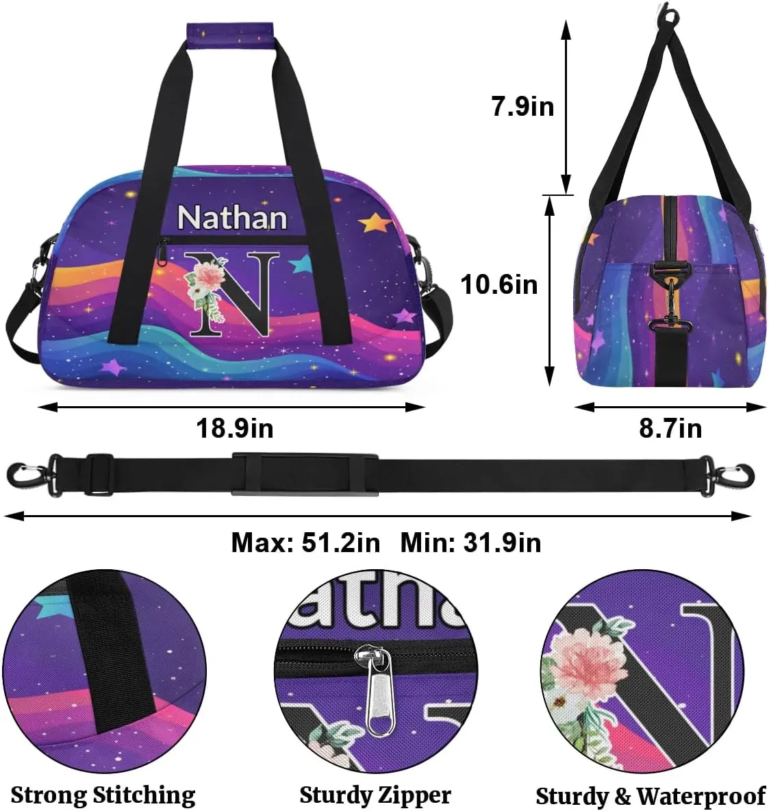 Custom Initial Letters Sport Bag, Personalized Gym Duffel Bags with Name Personalized Gifts for Women Custom Travel Weekender Bag Monogrammed, Rainbow Star Glitter
