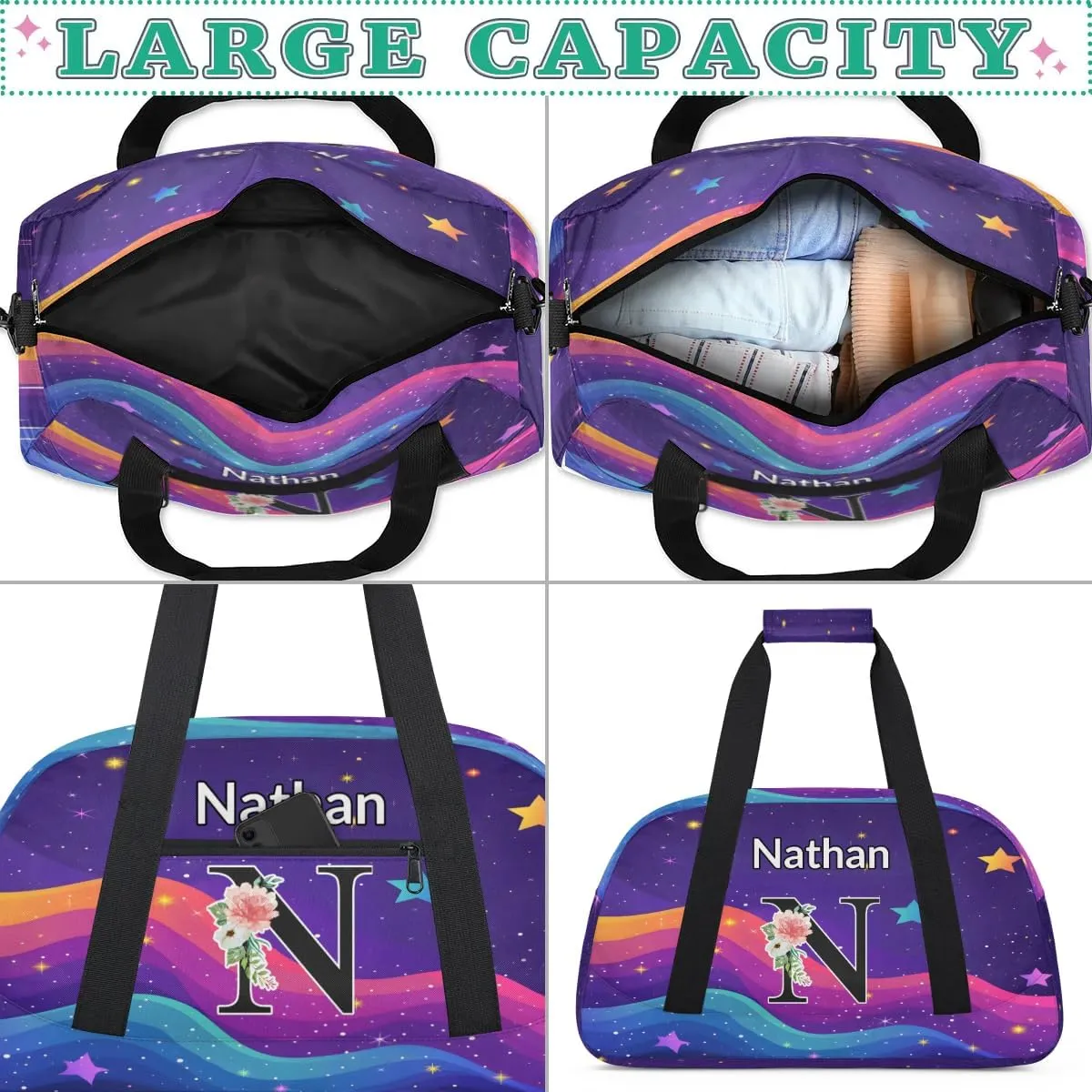 Custom Initial Letters Sport Bag, Personalized Gym Duffel Bags with Name Personalized Gifts for Women Custom Travel Weekender Bag Monogrammed, Rainbow Star Glitter