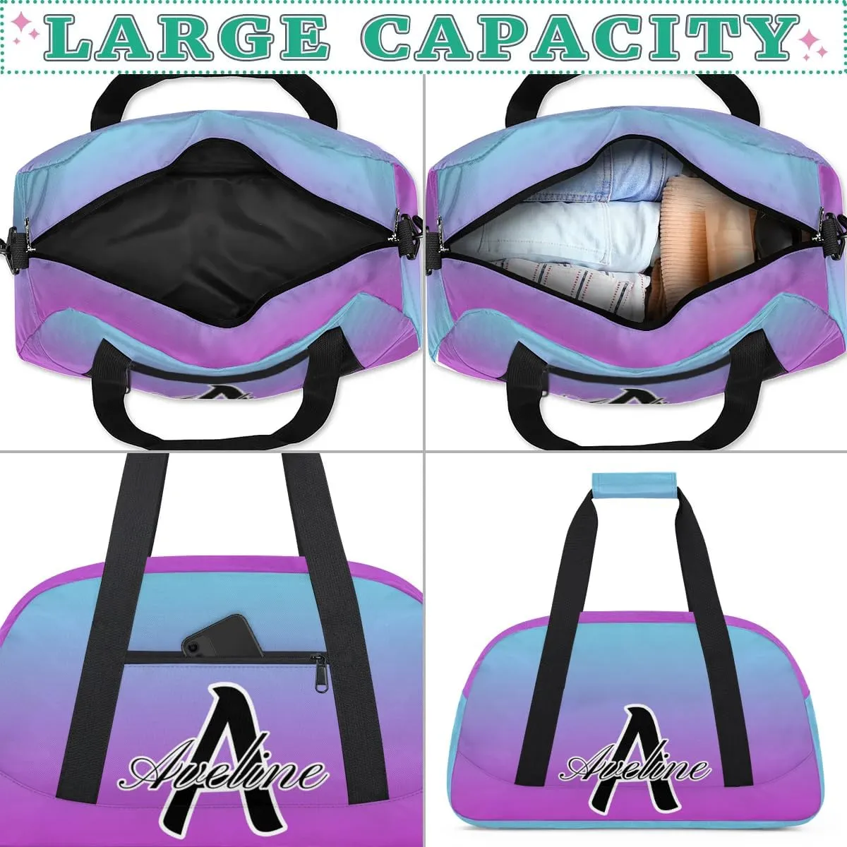Custom Initial Letters Sports Bag with Name, Monogrammed Personalized Gym Duffel Bags, Lightweight Travel Overnight Weekender Bag Custom Gifts, Blue Purple Gradient