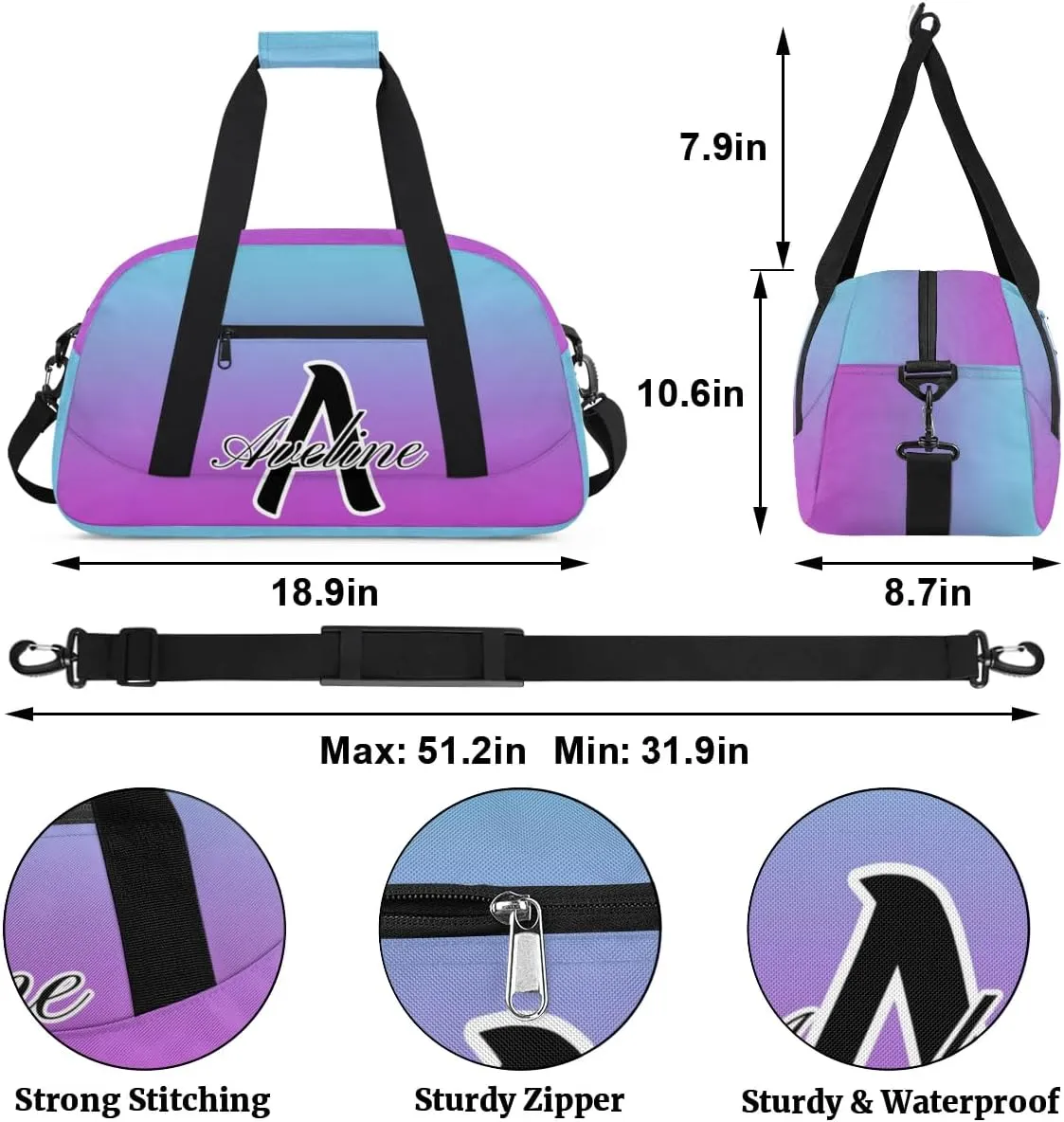 Custom Initial Letters Sports Bag with Name, Monogrammed Personalized Gym Duffel Bags, Lightweight Travel Overnight Weekender Bag Custom Gifts, Blue Purple Gradient