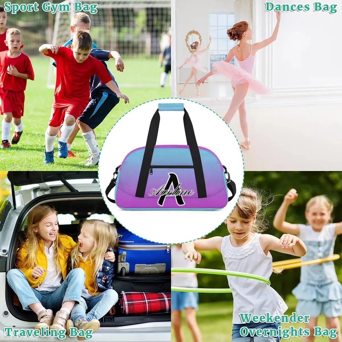 Custom Initial Letters Sports Bag with Name, Monogrammed Personalized Gym Duffel Bags, Lightweight Travel Overnight Weekender Bag Custom Gifts, Blue Purple Gradient