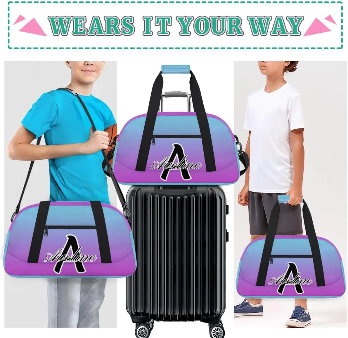 Custom Initial Letters Sports Bag with Name, Monogrammed Personalized Gym Duffel Bags, Lightweight Travel Overnight Weekender Bag Custom Gifts, Blue Purple Gradient