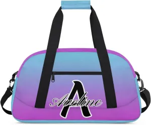 Custom Initial Letters Sports Bag with Name, Monogrammed Personalized Gym Duffel Bags, Lightweight Travel Overnight Weekender Bag Custom Gifts, Blue Purple Gradient