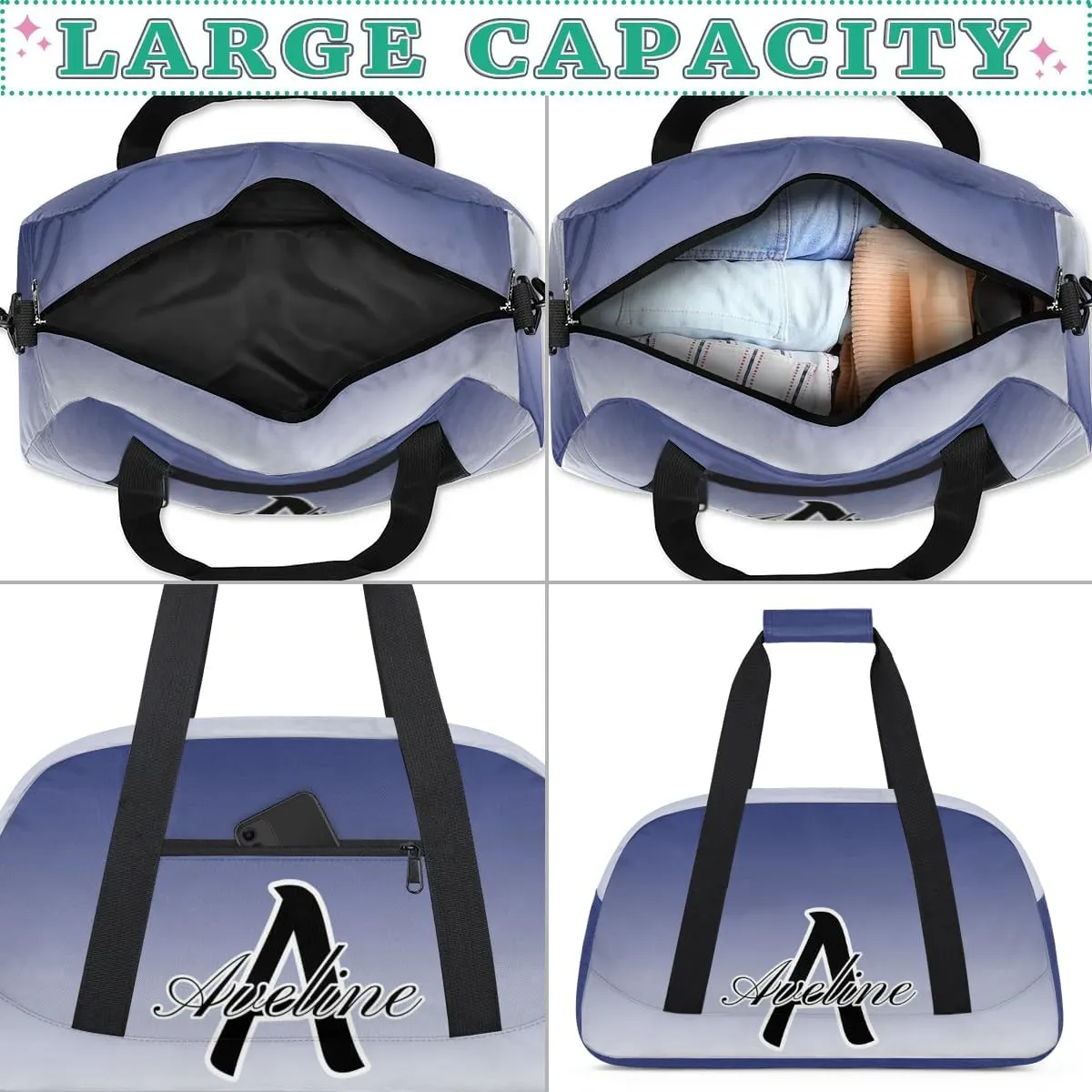 Custom Initial Letters Sports Bag with Name, Monogrammed Personalized Gym Duffel Bags, Lightweight Travel Overnight Weekender Bag Custom Gifts, Cobalt Blue Gradient