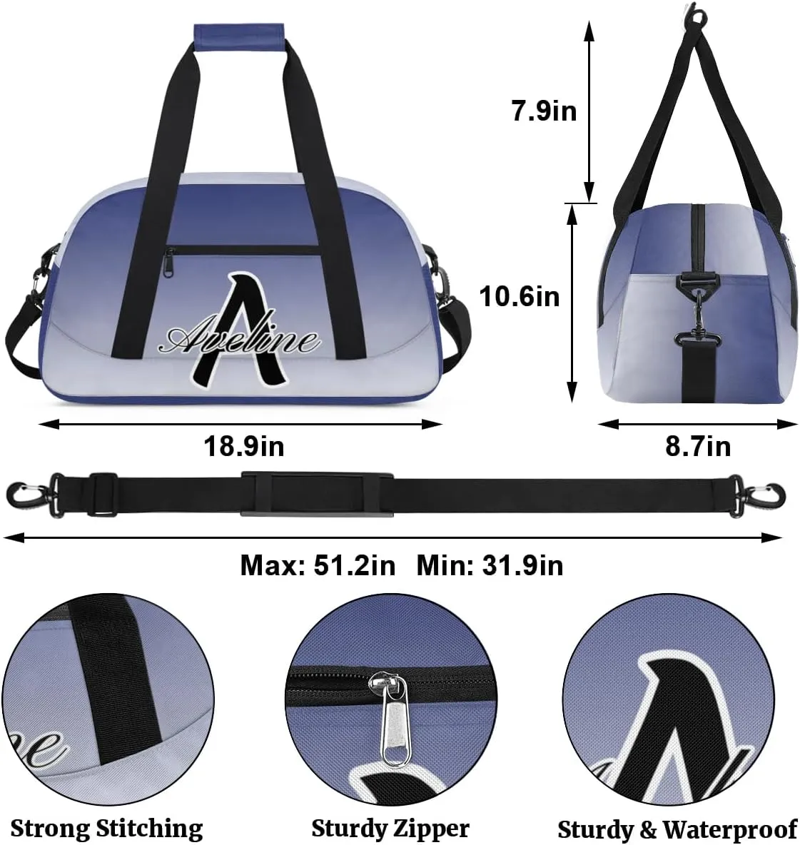 Custom Initial Letters Sports Bag with Name, Monogrammed Personalized Gym Duffel Bags, Lightweight Travel Overnight Weekender Bag Custom Gifts, Cobalt Blue Gradient