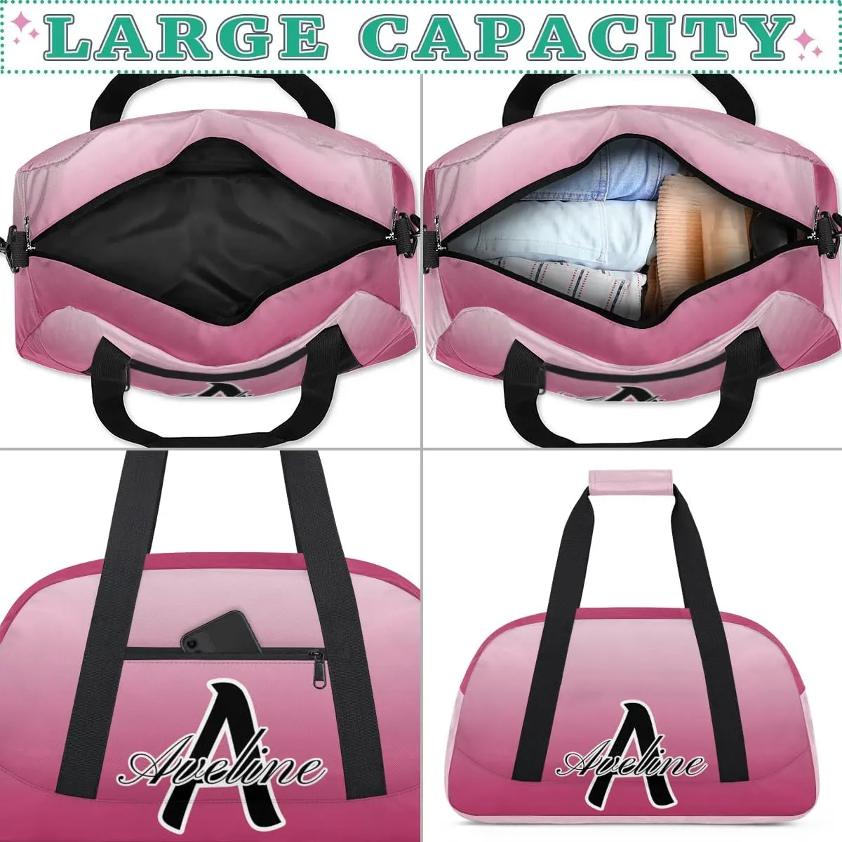 Custom Initial Letters Sports Bag with Name, Monogrammed Personalized Gym Duffel Bags, Lightweight Travel Overnight Weekender Bag Custom Gifts, Dark Pink Gradient