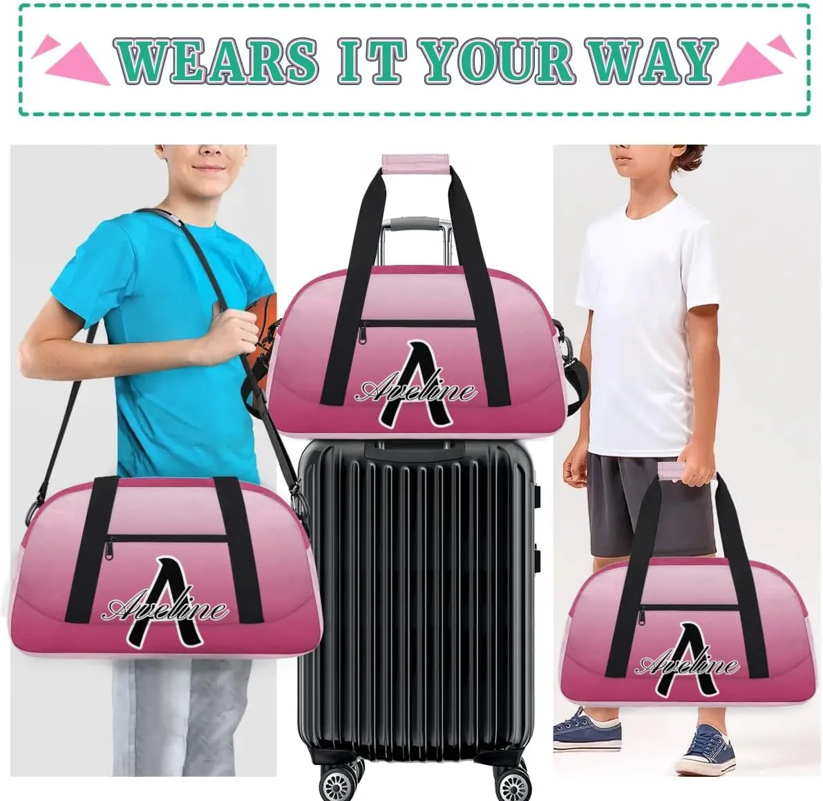 Custom Initial Letters Sports Bag with Name, Monogrammed Personalized Gym Duffel Bags, Lightweight Travel Overnight Weekender Bag Custom Gifts, Dark Pink Gradient
