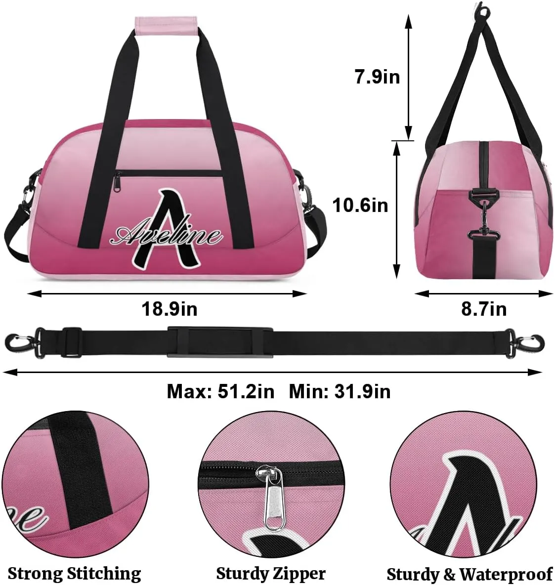 Custom Initial Letters Sports Bag with Name, Monogrammed Personalized Gym Duffel Bags, Lightweight Travel Overnight Weekender Bag Custom Gifts, Dark Pink Gradient