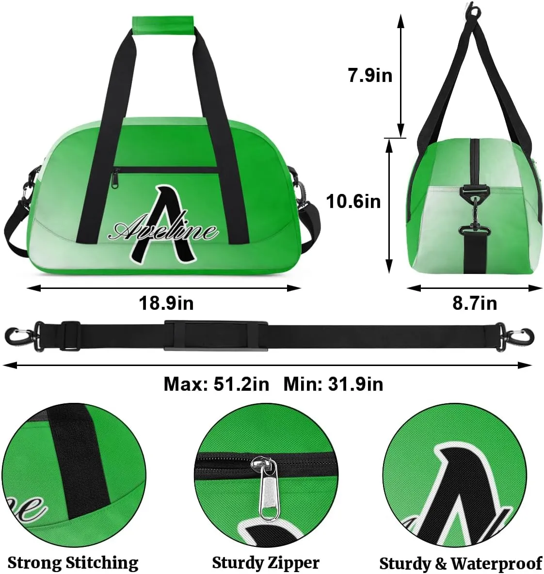 Custom Initial Letters Sports Bag with Name, Monogrammed Personalized Gym Duffel Bags, Lightweight Travel Overnight Weekender Bag Custom Gifts, Grass Green Gradient