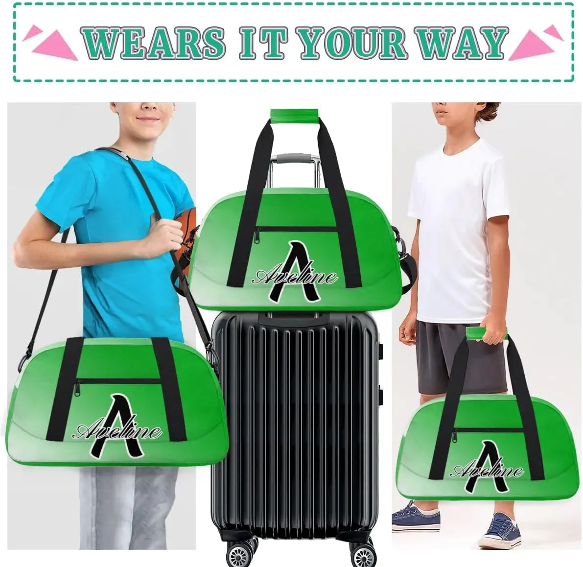 Custom Initial Letters Sports Bag with Name, Monogrammed Personalized Gym Duffel Bags, Lightweight Travel Overnight Weekender Bag Custom Gifts, Grass Green Gradient