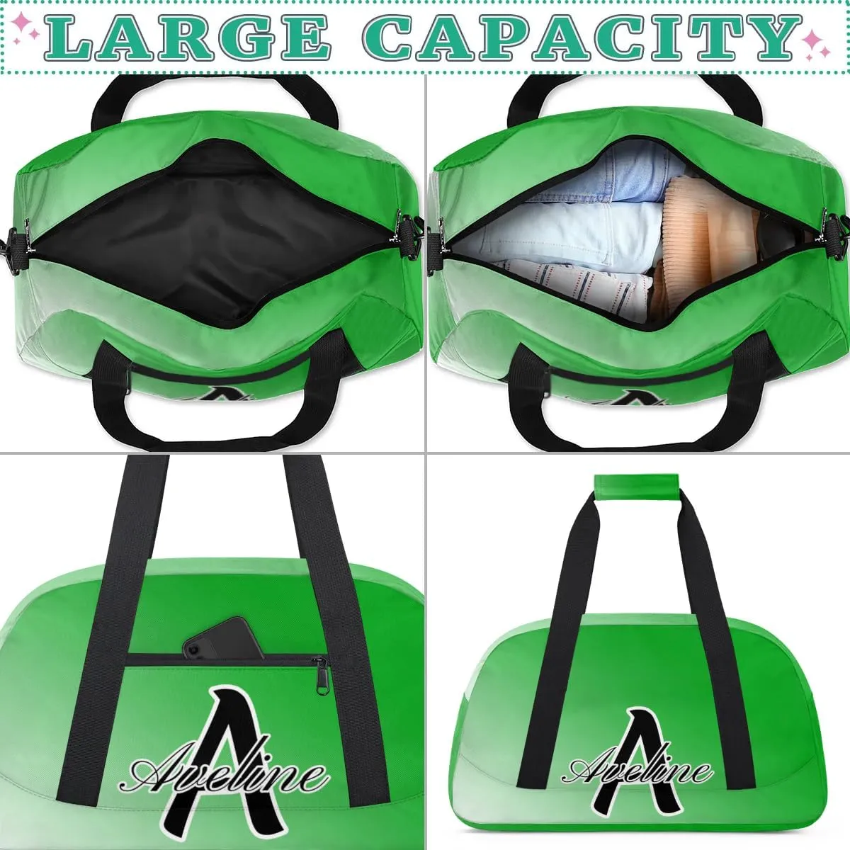 Custom Initial Letters Sports Bag with Name, Monogrammed Personalized Gym Duffel Bags, Lightweight Travel Overnight Weekender Bag Custom Gifts, Grass Green Gradient