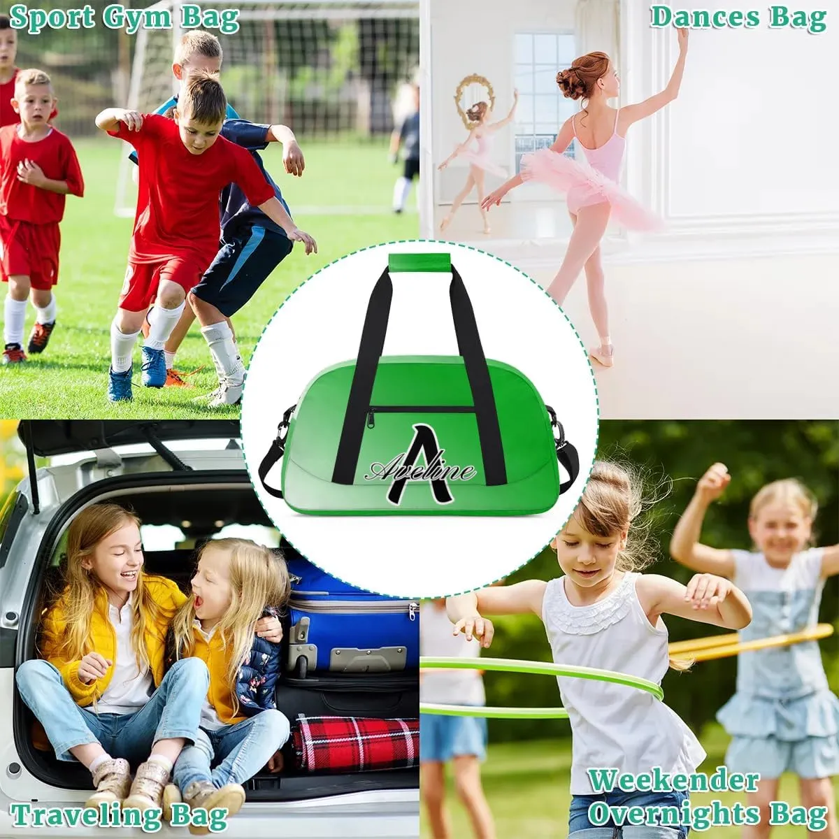 Custom Initial Letters Sports Bag with Name, Monogrammed Personalized Gym Duffel Bags, Lightweight Travel Overnight Weekender Bag Custom Gifts, Grass Green Gradient