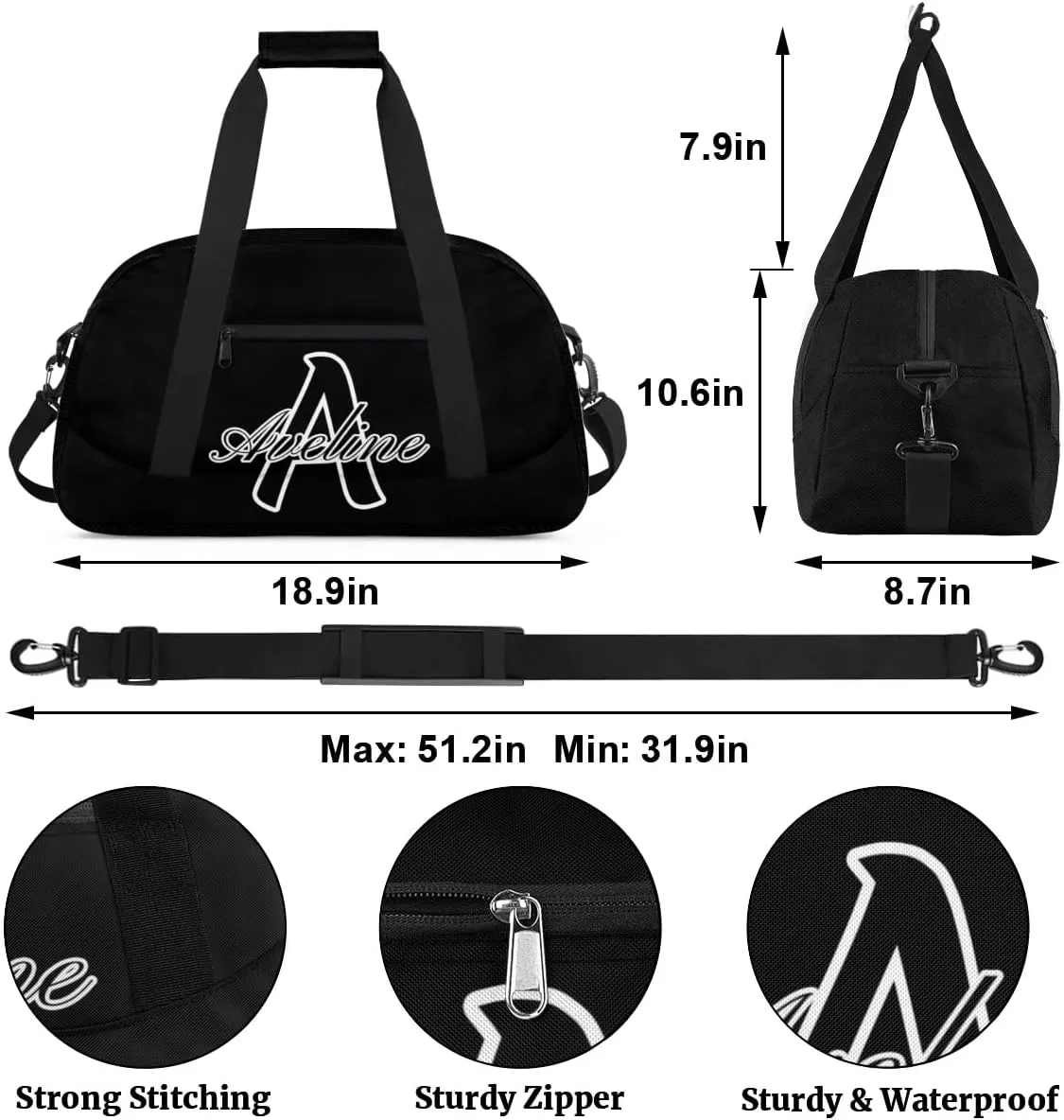 Custom Initial Name Sport Bags, Personalized Dance Gym Duffel Bags Personalized Gifts for Women Custom Cheer Travel Weekender Bag Monogrammed, Black