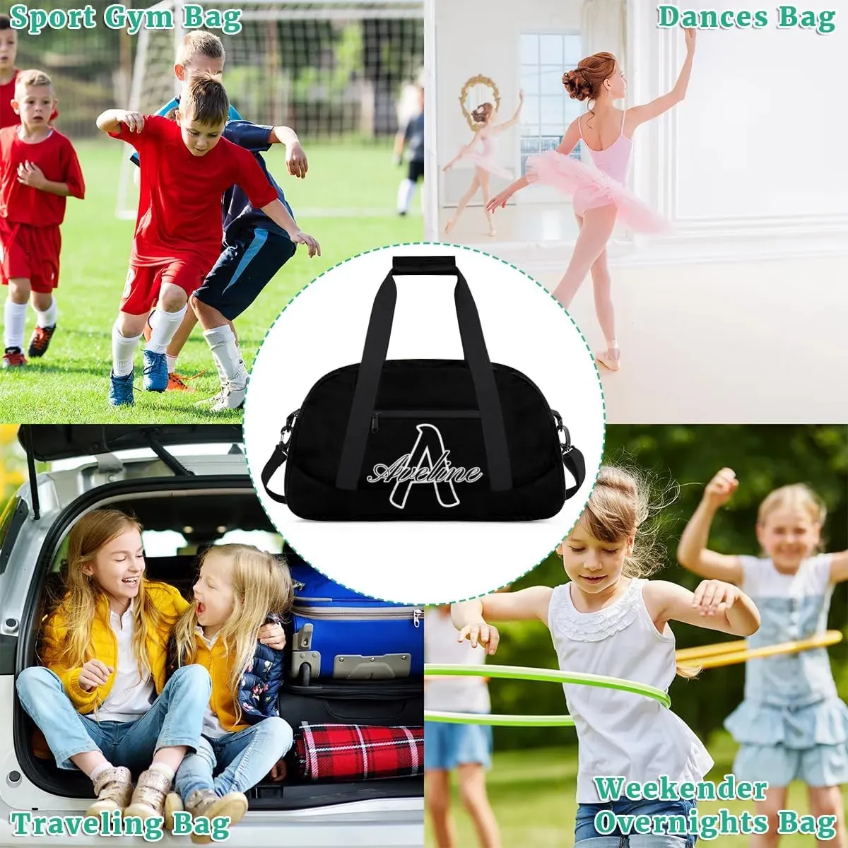 Custom Initial Name Sport Bags, Personalized Dance Gym Duffel Bags Personalized Gifts for Women Custom Cheer Travel Weekender Bag Monogrammed, Black