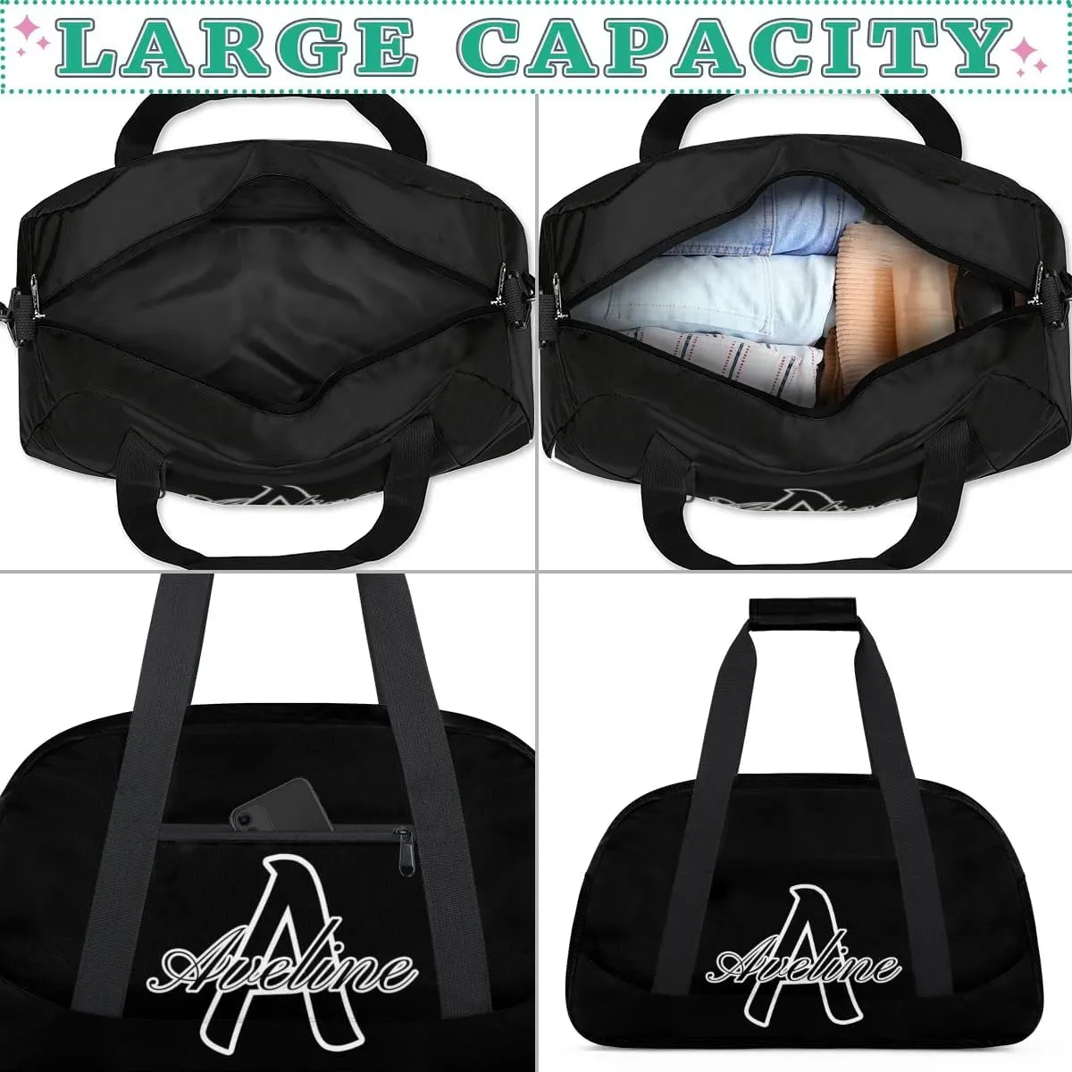 Custom Initial Name Sport Bags, Personalized Dance Gym Duffel Bags Personalized Gifts for Women Custom Cheer Travel Weekender Bag Monogrammed, Black
