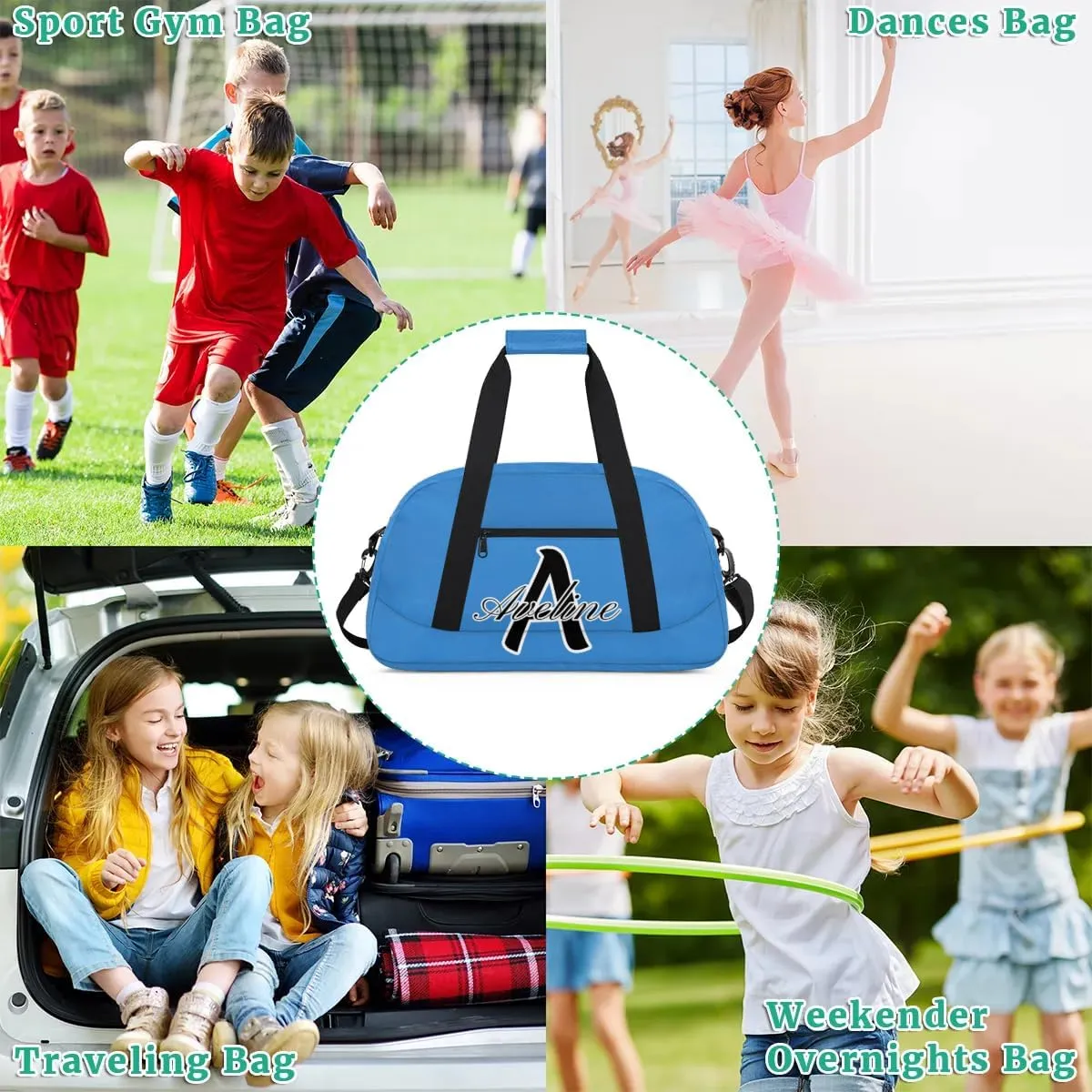 Custom Initial Name Sport Bags, Personalized Dance Gym Duffel Bags Personalized Gifts for Women Custom Cheer Travel Weekender Bag Monogrammed, Blue