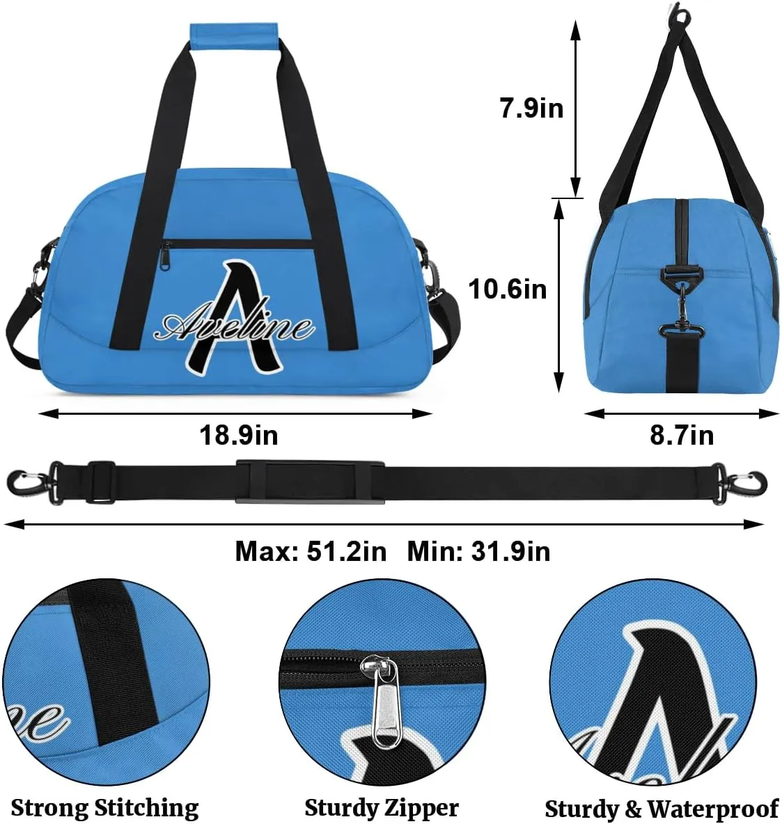 Custom Initial Name Sport Bags, Personalized Dance Gym Duffel Bags Personalized Gifts for Women Custom Cheer Travel Weekender Bag Monogrammed, Blue