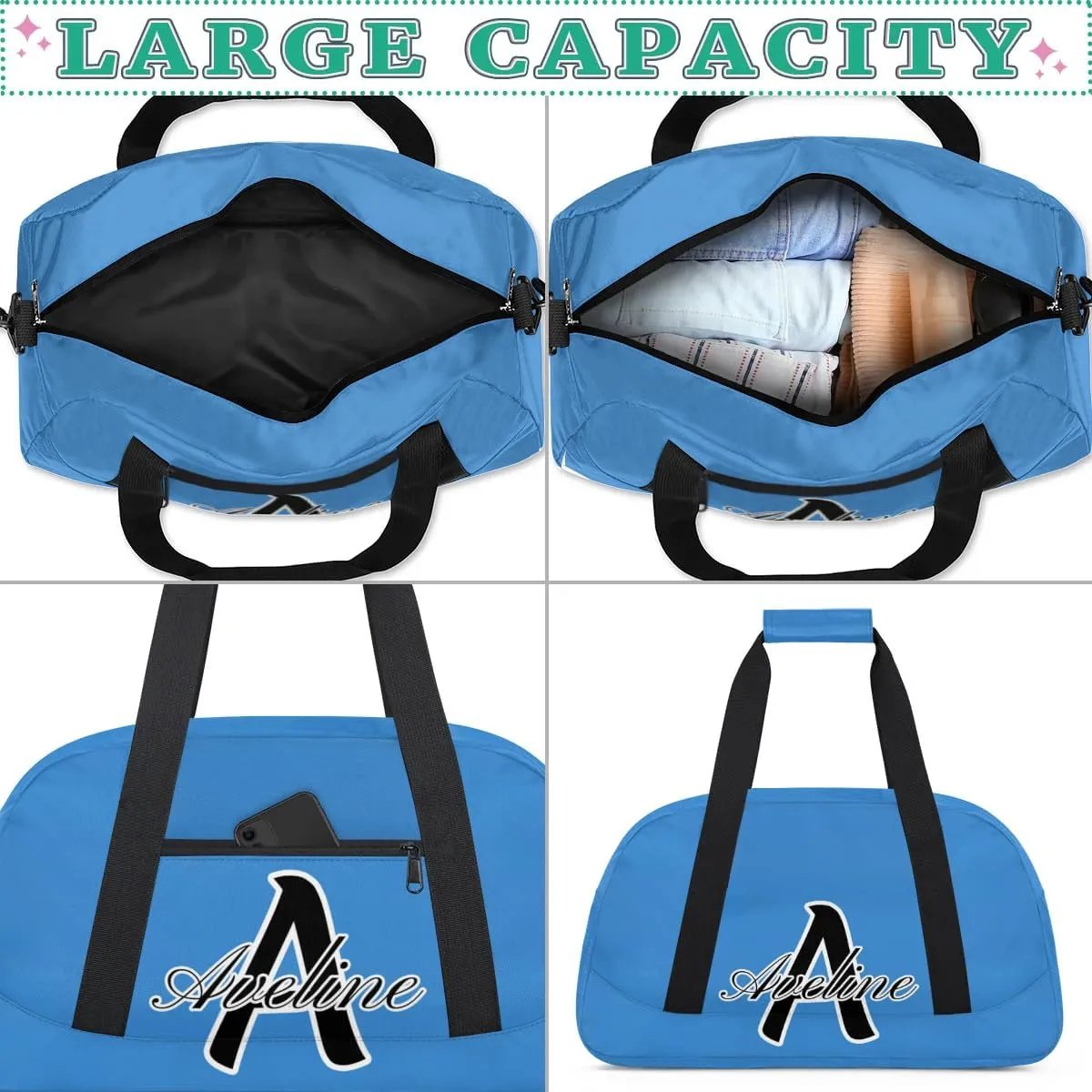 Custom Initial Name Sport Bags, Personalized Dance Gym Duffel Bags Personalized Gifts for Women Custom Cheer Travel Weekender Bag Monogrammed, Blue
