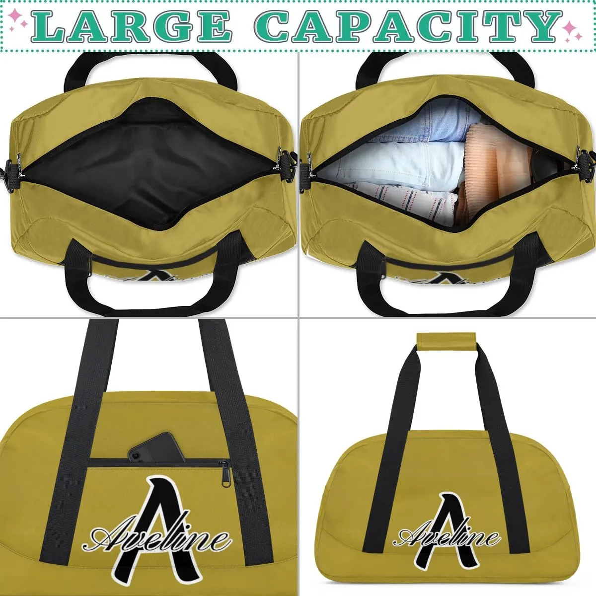 Custom Initial Name Sport Bags, Personalized Dance Gym Duffel Bags Personalized Gifts for Women Custom Cheer Travel Weekender Bag Monogrammed, Brown