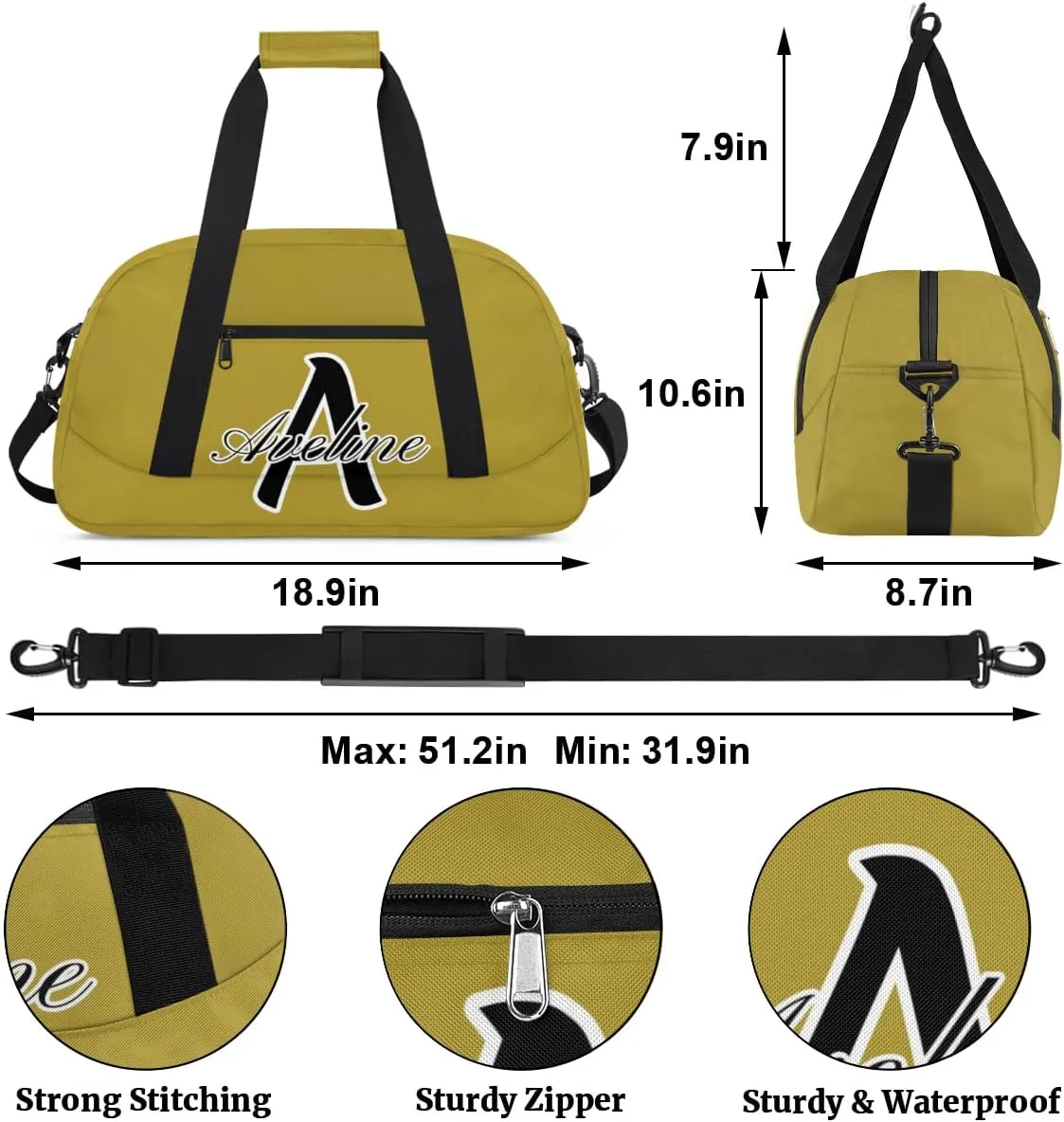 Custom Initial Name Sport Bags, Personalized Dance Gym Duffel Bags Personalized Gifts for Women Custom Cheer Travel Weekender Bag Monogrammed, Brown