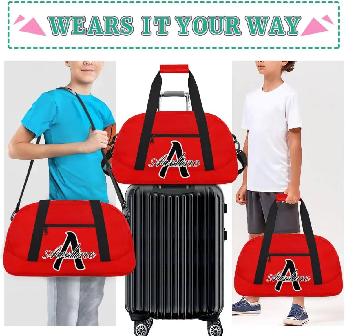 Custom Initial Name Sport Bags, Personalized Dance Gym Duffel Bags Personalized Gifts for Women Custom Cheer Travel Weekender Bag Monogrammed, Coral Red A