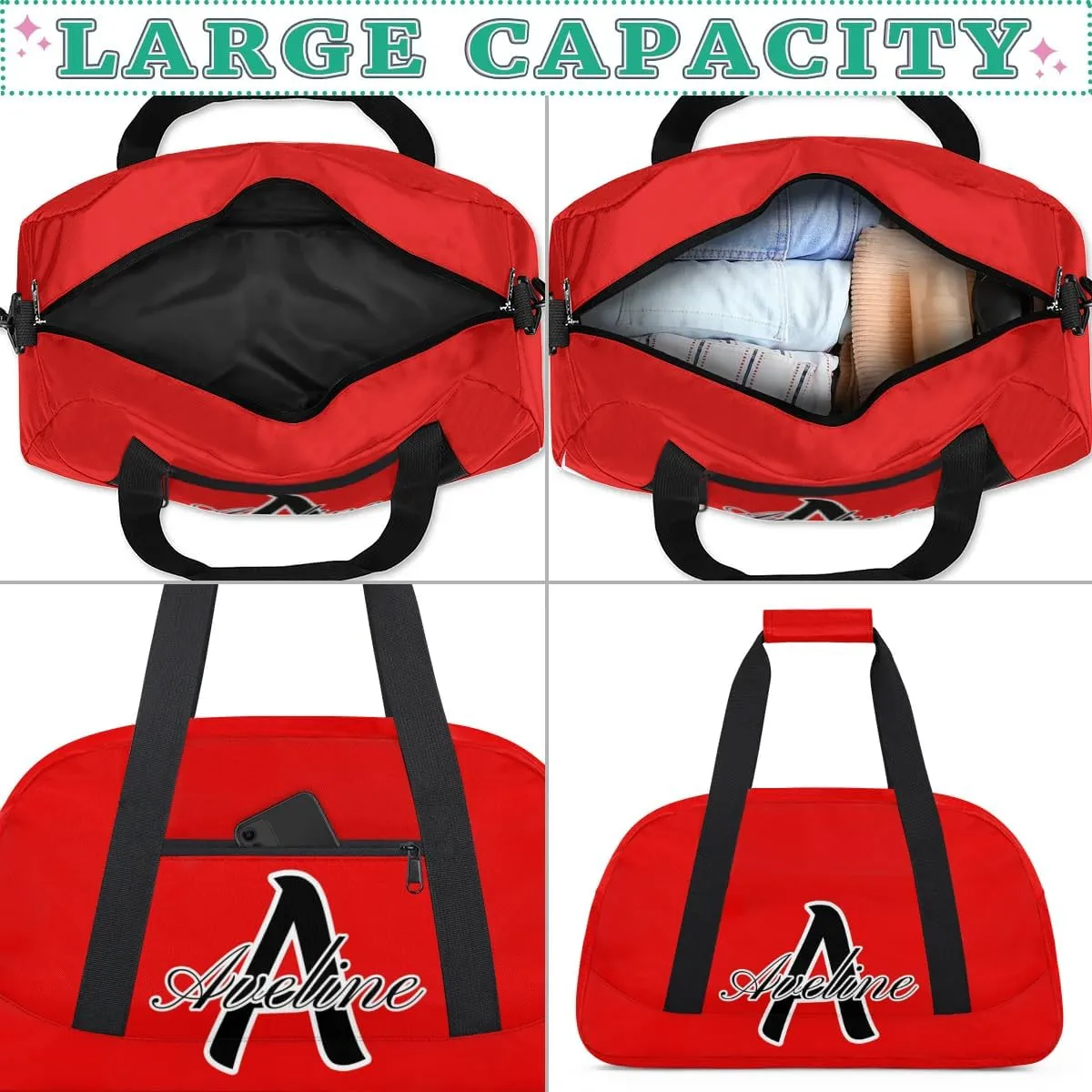 Custom Initial Name Sport Bags, Personalized Dance Gym Duffel Bags Personalized Gifts for Women Custom Cheer Travel Weekender Bag Monogrammed, Coral Red A
