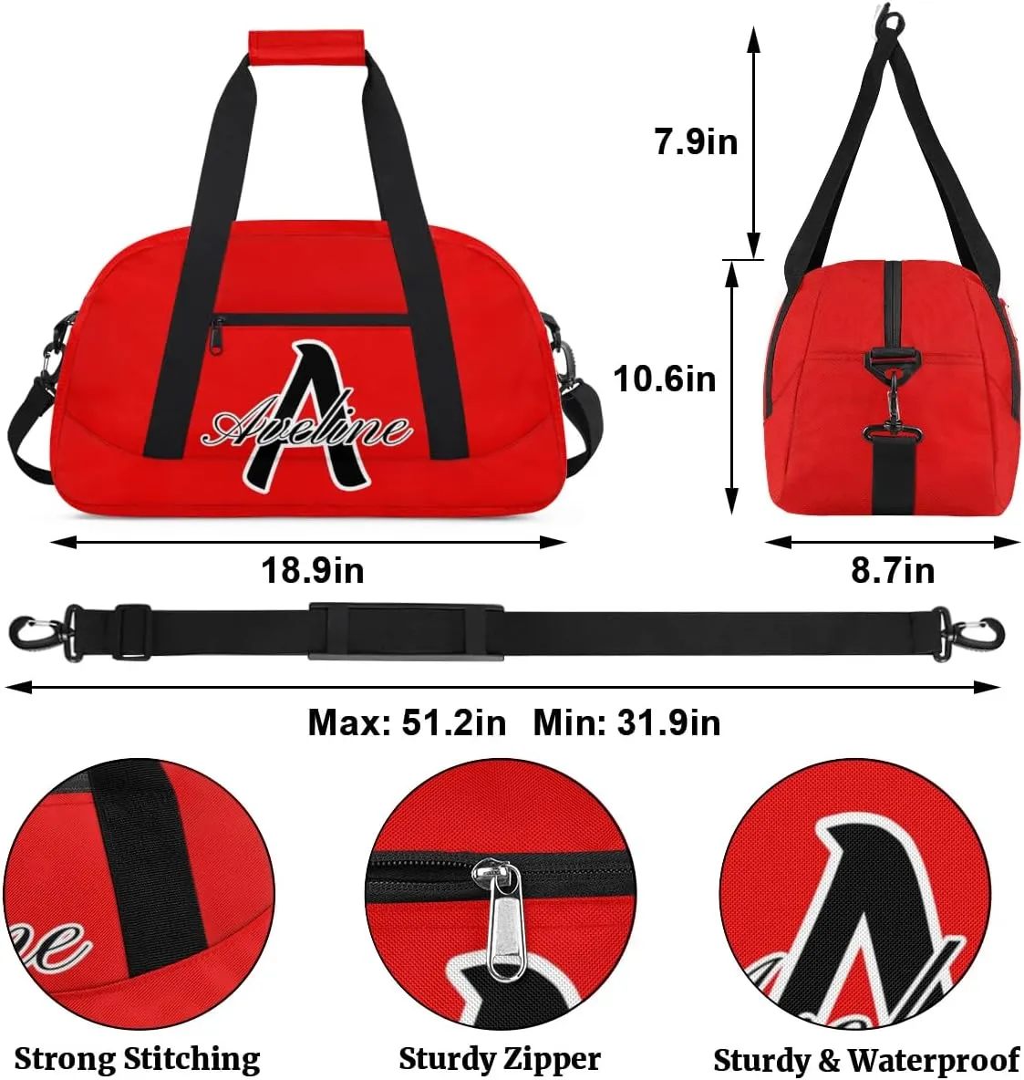 Custom Initial Name Sport Bags, Personalized Dance Gym Duffel Bags Personalized Gifts for Women Custom Cheer Travel Weekender Bag Monogrammed, Coral Red A