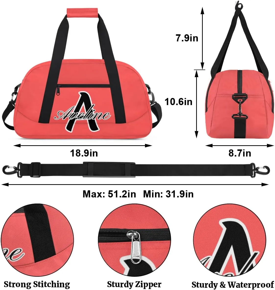 Custom Initial Name Sport Bags, Personalized Dance Gym Duffel Bags Personalized Gifts for Women Custom Cheer Travel Weekender Bag Monogrammed, Coral Red