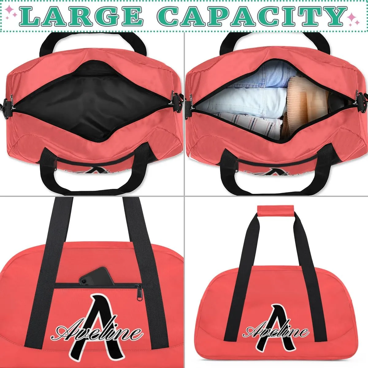 Custom Initial Name Sport Bags, Personalized Dance Gym Duffel Bags Personalized Gifts for Women Custom Cheer Travel Weekender Bag Monogrammed, Coral Red