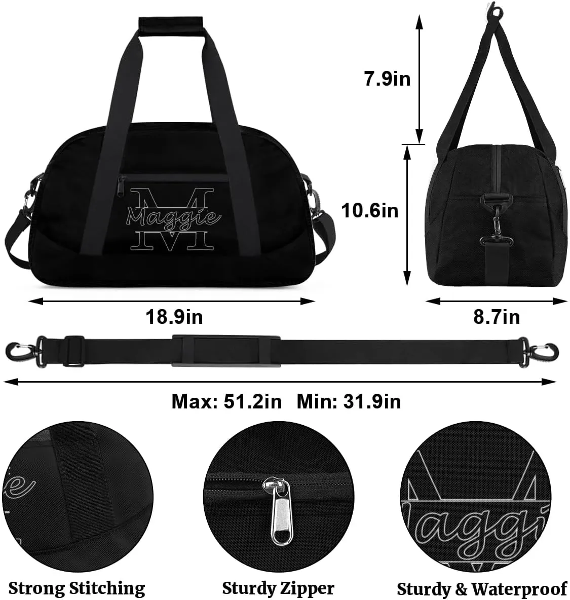 Custom Initial Sport Bag with Name, Personalized Gym Duffel Bags Personalized Gifts for Women Custom Travel Weekender Bag Monogrammed Custom Gifts, Black