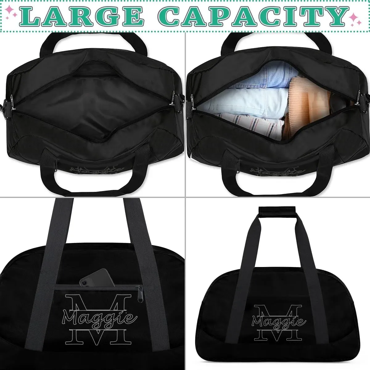Custom Initial Sport Bag with Name, Personalized Gym Duffel Bags Personalized Gifts for Women Custom Travel Weekender Bag Monogrammed Custom Gifts, Black