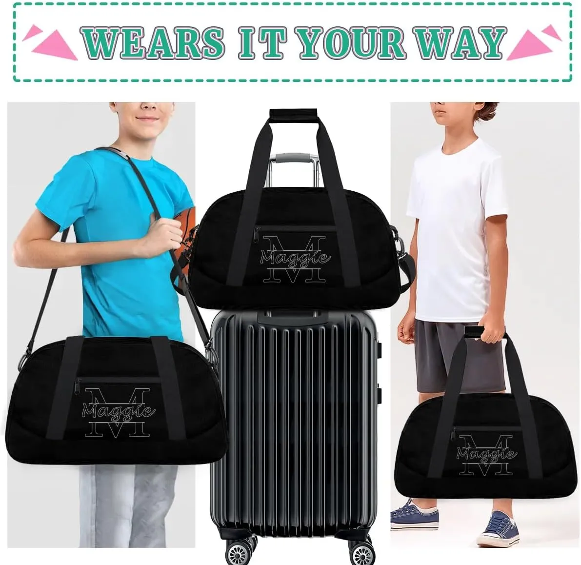 Custom Initial Sport Bag with Name, Personalized Gym Duffel Bags Personalized Gifts for Women Custom Travel Weekender Bag Monogrammed Custom Gifts, Black