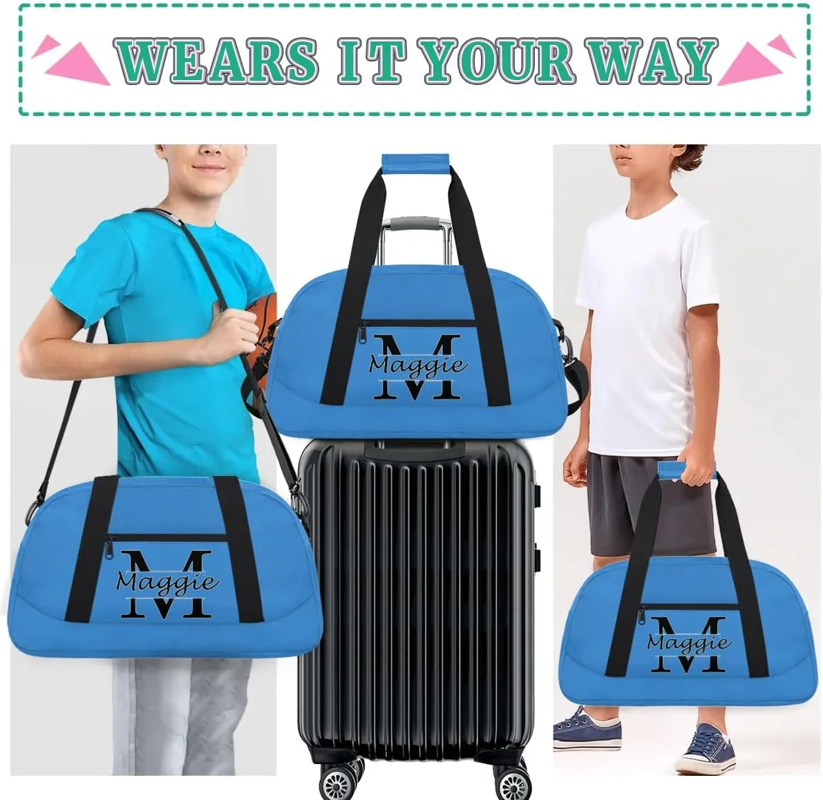 Custom Initial Sport Bag with Name, Personalized Gym Duffel Bags Personalized Gifts for Women Custom Travel Weekender Bag Monogrammed Custom Gifts, Blue