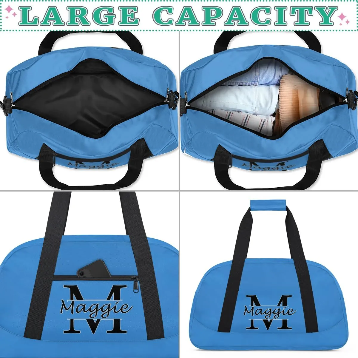 Custom Initial Sport Bag with Name, Personalized Gym Duffel Bags Personalized Gifts for Women Custom Travel Weekender Bag Monogrammed Custom Gifts, Blue
