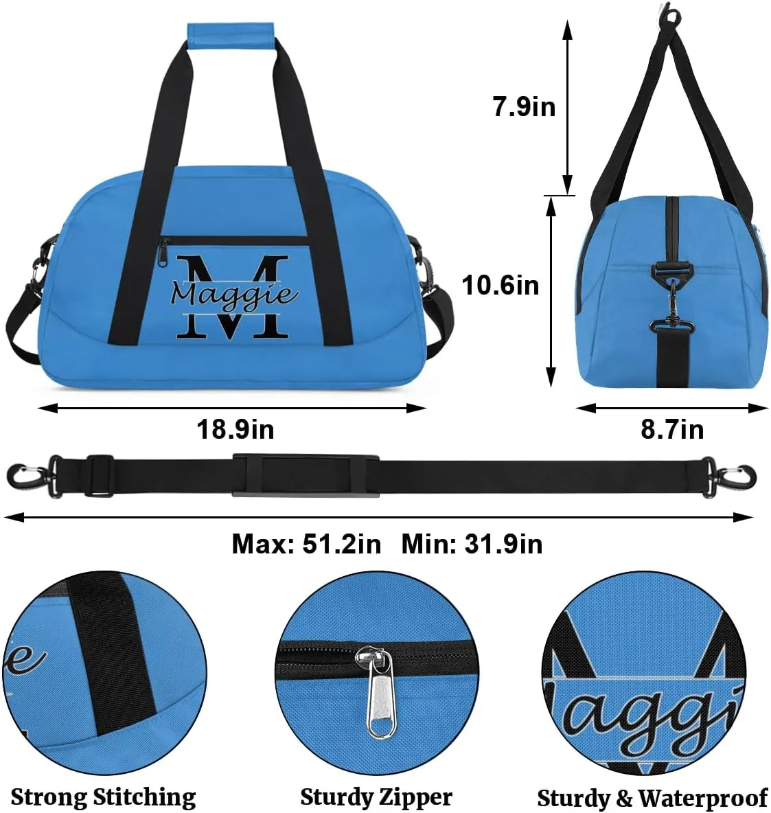 Custom Initial Sport Bag with Name, Personalized Gym Duffel Bags Personalized Gifts for Women Custom Travel Weekender Bag Monogrammed Custom Gifts, Blue