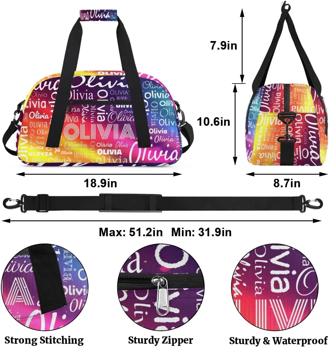 Custom Initial Sport Bags, Personalized Name Dance Gym Duffel Bags Personalized Gifts Custom Travel Weekender Bag Monogrammed, Cobalt Blue Gradient