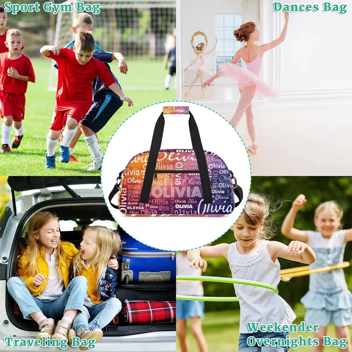 Custom Initial Sport Bags, Personalized Name Dance Gym Duffel Bags Personalized Gifts Custom Travel Weekender Bag Monogrammed, Green Yellow Gradient