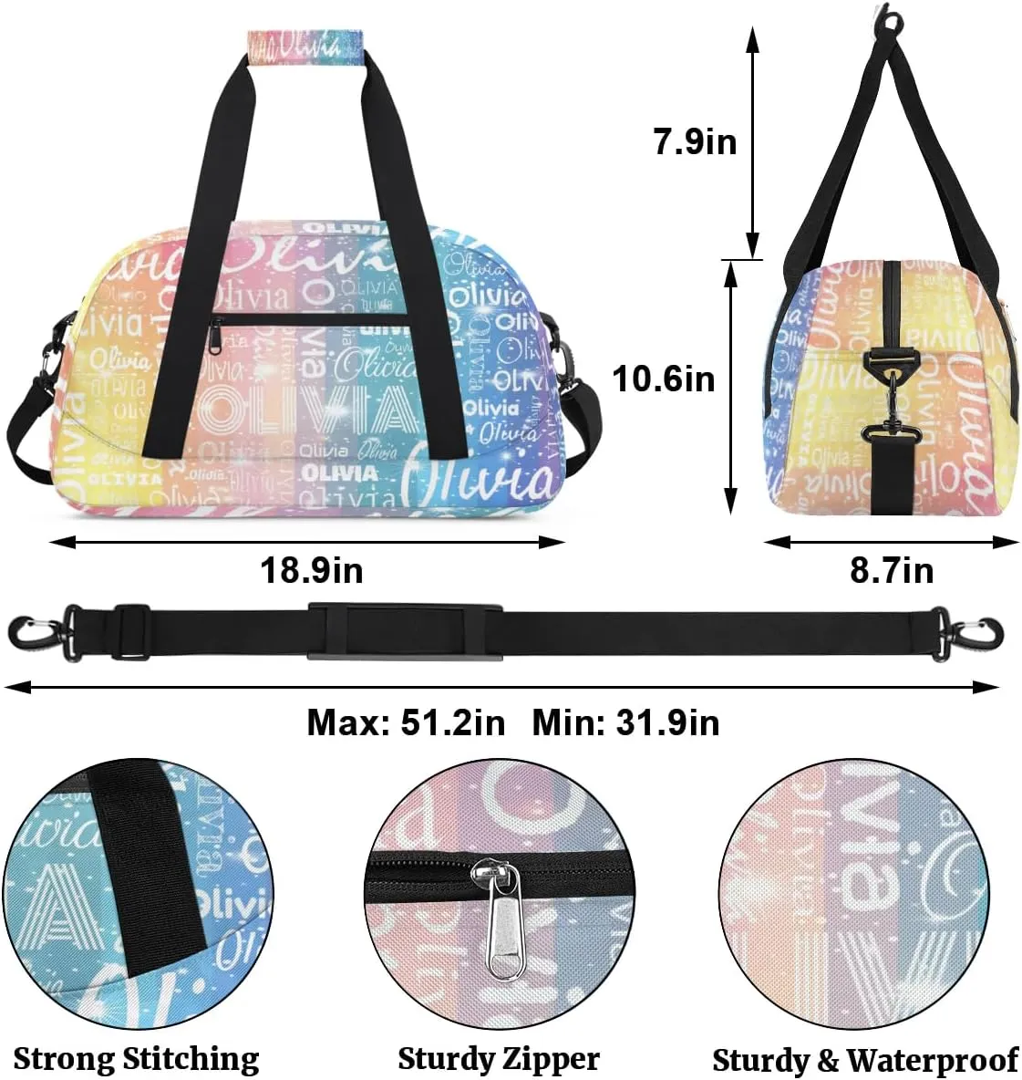 Custom Initial Sport Bags, Personalized Name Dance Gym Duffel Bags Personalized Gifts Custom Travel Weekender Bag Monogrammed, Rainbow Gradient