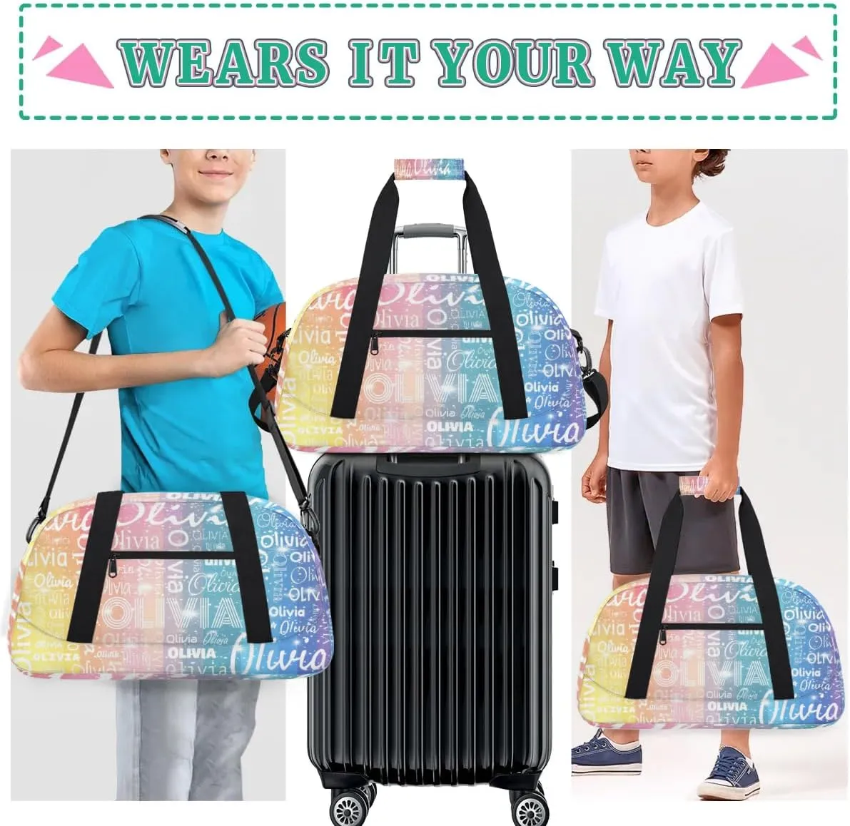 Custom Initial Sport Bags, Personalized Name Dance Gym Duffel Bags Personalized Gifts Custom Travel Weekender Bag Monogrammed, Rainbow Gradient