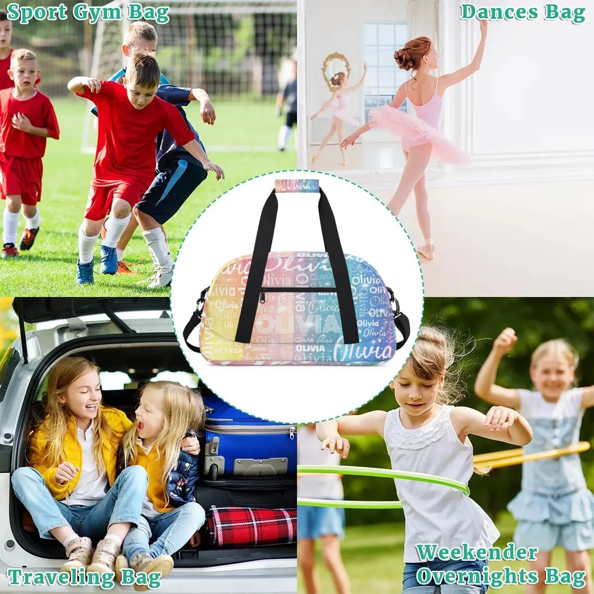 Custom Initial Sport Bags, Personalized Name Dance Gym Duffel Bags Personalized Gifts Custom Travel Weekender Bag Monogrammed, Rainbow Gradient