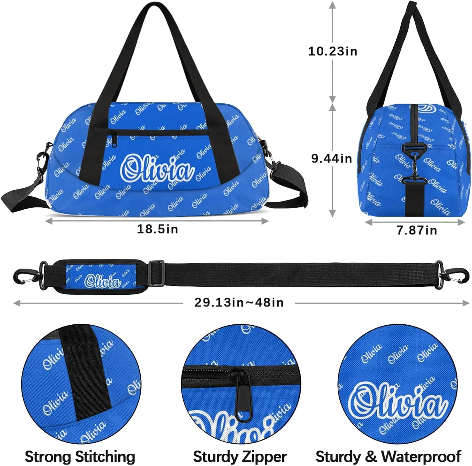 Custom Sport Duffel Bags Personalized Travel Overnight Bag Waterproof Dance Bag Lightweight Carry-On Tote for Women Men 18.5in, Blue